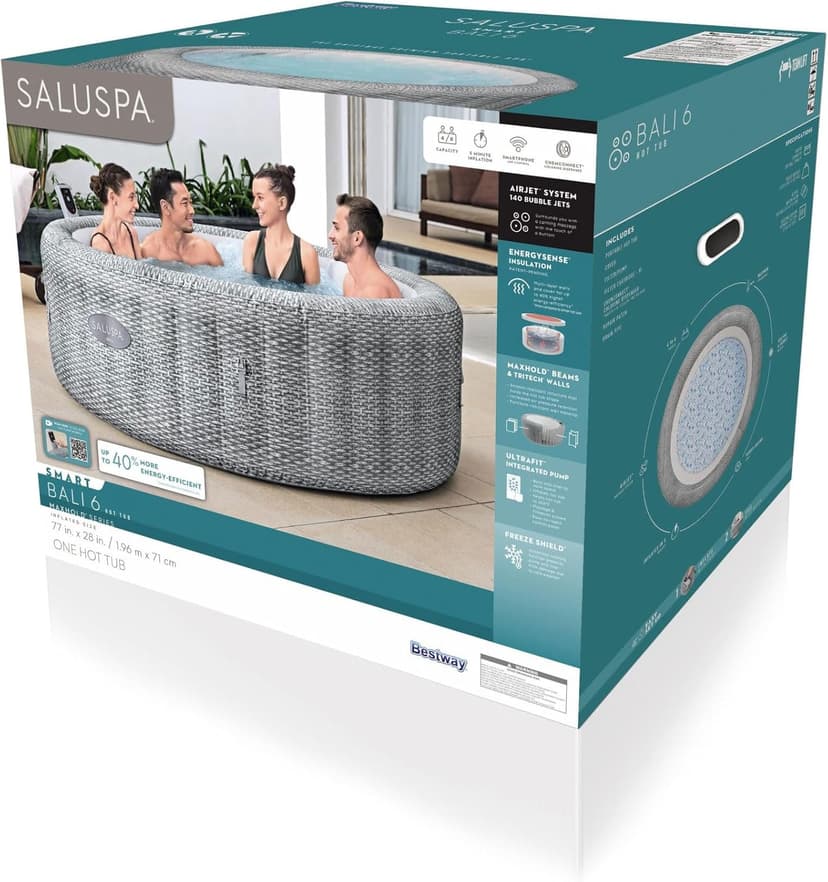 Bestway SaluSpa Bali Smart AirJet Inflatable Hot Tub Round Portable 4 to 6 Person Spa with 140 AirJets, App Control and EnergySense Cover, Grey Rattan