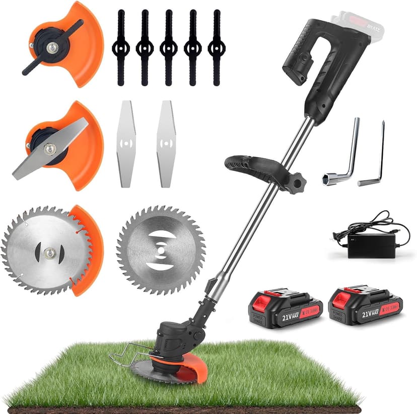 Cordless Lawn Trimmer Weed Wacker - 21V Lawn Mower Grass Edger with 2.0Ah Li-Ion Battery Powered & 3 Cutting Blade Types, Compact Power Tool for Lawn Yard Work……