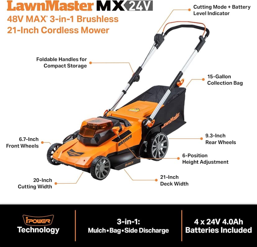 LawnMaster CLMF4821A Cordless Lawn Mower Brushless 48V MAX* 21Inch 3-in-1 Function Up to 1/2 Acre with 4X24V MAX* 4.0Ah Battery and a Dual Charger