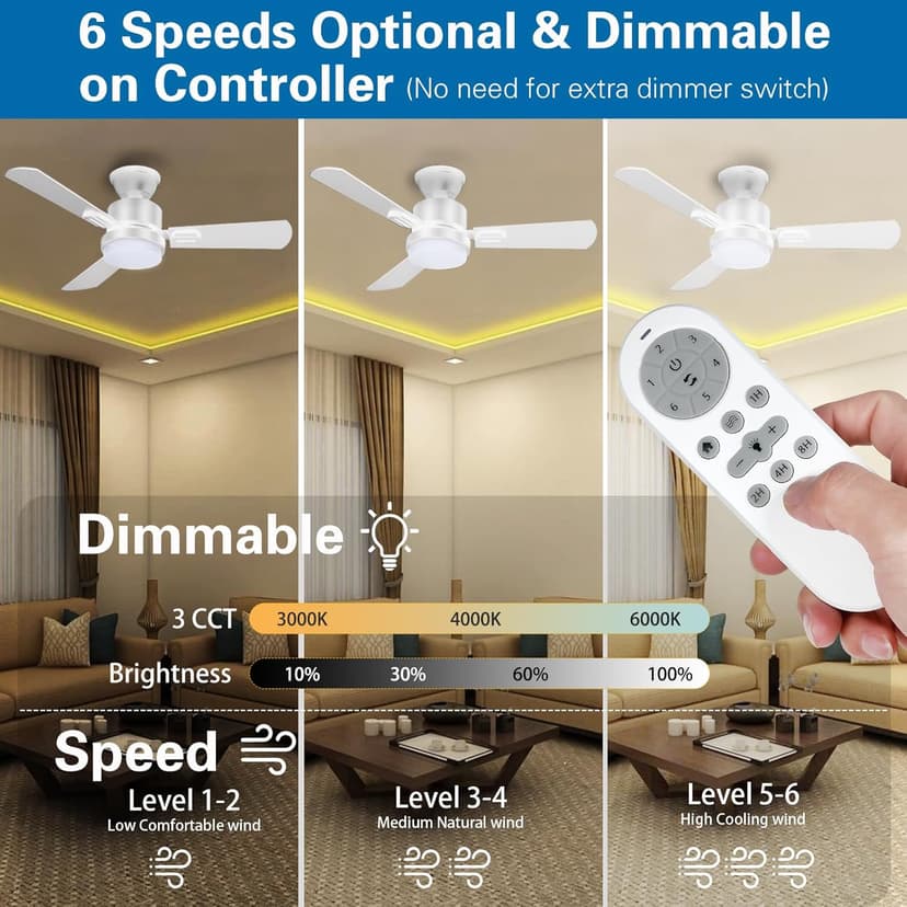 32" Ceiling Fans with Light and Remote, Energy Saving Super Quiet 6-Speed Ceiling Fan with 3CCT Dimmable Light for Indoor and Outdoor, Reversible, White and Wood