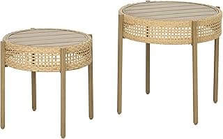 Outsunny 2 Piece Wicker Patio Table Set, PE Rattan End Table Set, Outdoor Round Coffee Table Set, Multi-Functional, Slatted Metal Top, Brown