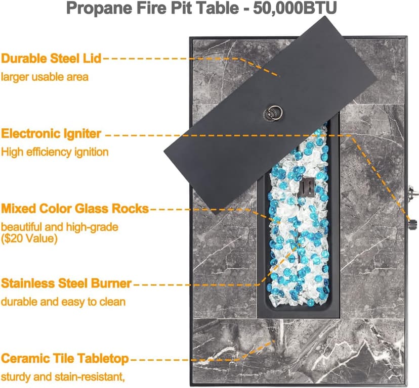 32'' Fire Pit Table with Natural Gas Conversion Kit, Marble Textured Ceramic Tabletop, 50,000 BTU Fire Table with Brown Wicker, Rectangle, Tank Required to Be Kept Outside.