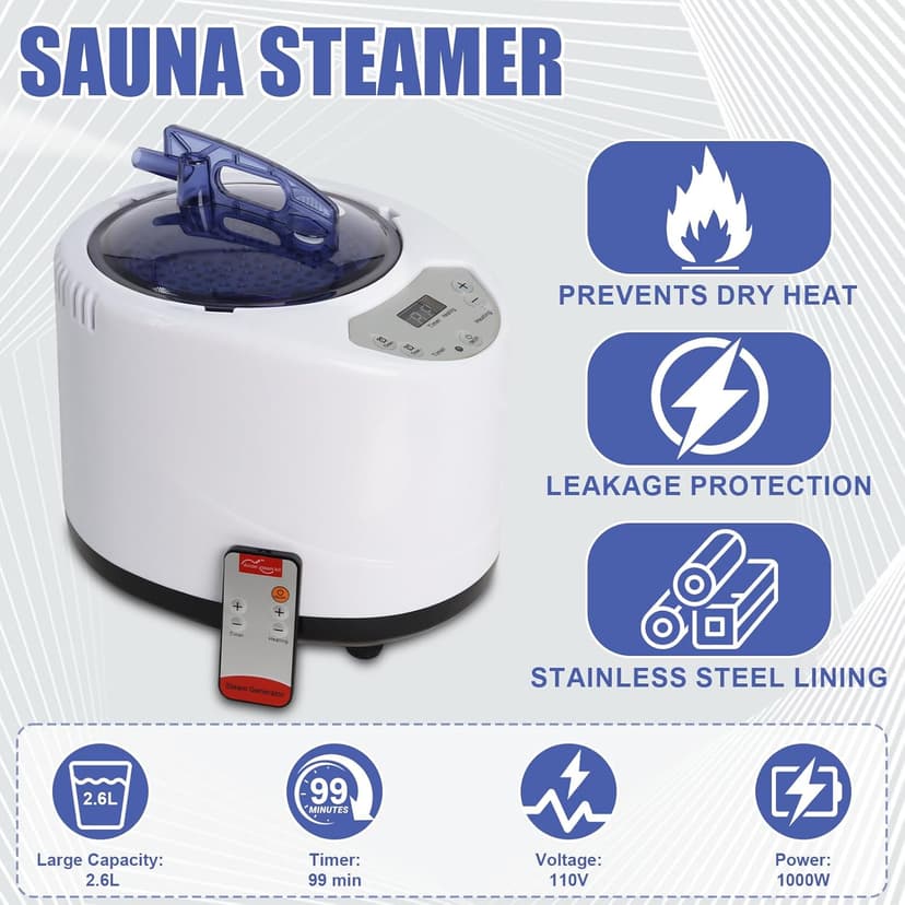 2.6L Sauna Steamer Machine, Portable Steam Generator Sauna Steamer with Remote Control, Sauna Steamer Pot for Home Shower Spa 1000w