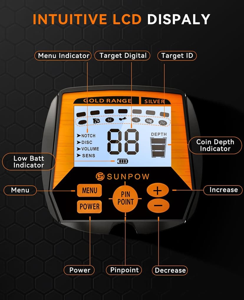 SUNPOW Metal Detector for Adults, Professional Waterproof High Accuracy Metal Detector, 10'' Detection Depth, Pinpoint & Disc & Notch & All Metal & Volume Modes, Strong Anti-Interference-GC-1083