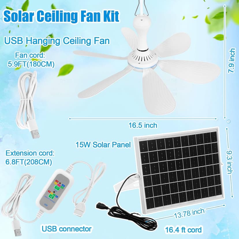 Solar Ceiling Fan Kit 16.5'', 15w Monocrystalline Solar Panel USB Hanging Ceiling Fan with Remote Control Timing Small Panel Kit for Patio Camping Tent Chicken Coop Greenhouse Shed
