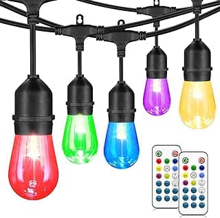 Mlambert 48FT Outdoor Patio Lights Waterproof Dimmable with Remote, RGB Cafe LED String Light with 15 Shatterproof Bulbs for Bistro Party-Black 1 Pack