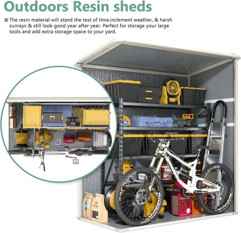 Aoxun Outdoor Storage Shed 5 x 3FT, Resin Shed with Floor and Lockable Door, Plastic Shed for Bike, Garbage Can, Tool, Accessories, Lawn, Garden - Grey