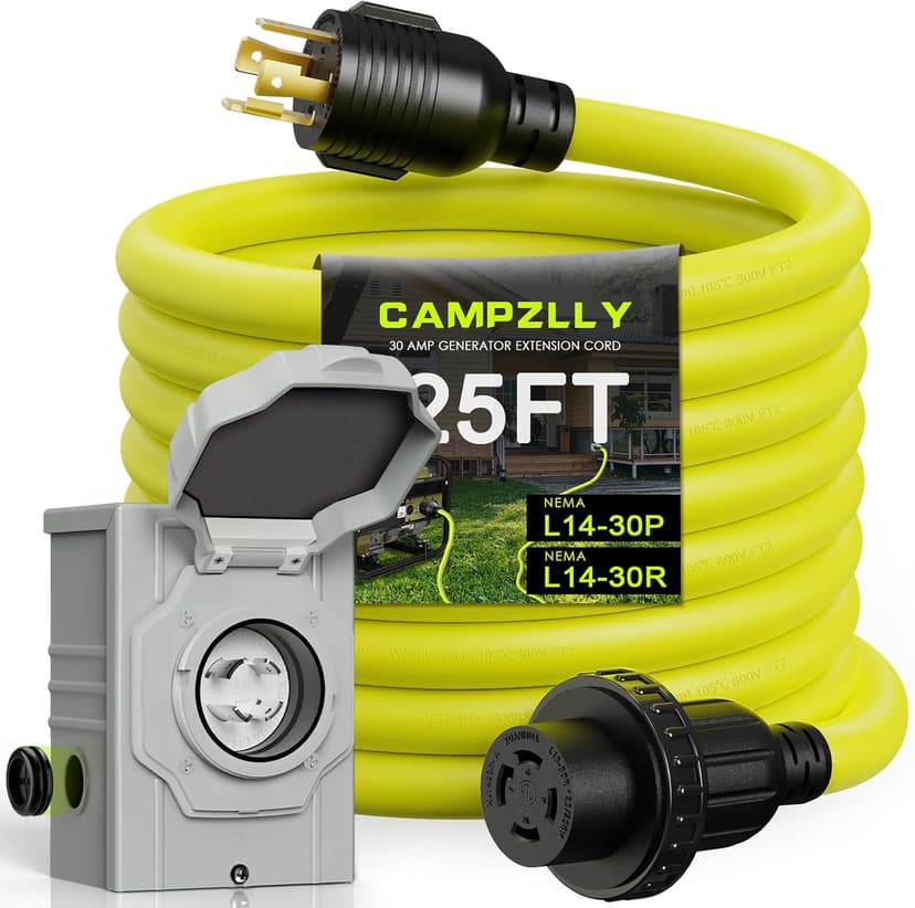 30 Amp Generator Cord 25FT and Power Inlet Box, NEMA L14-30P/L14-30R 125/250V Twist Lock Connector with Pre-Drilled NEMA L14-30P Generator Inlet Box for Generator to House, ETL Listed