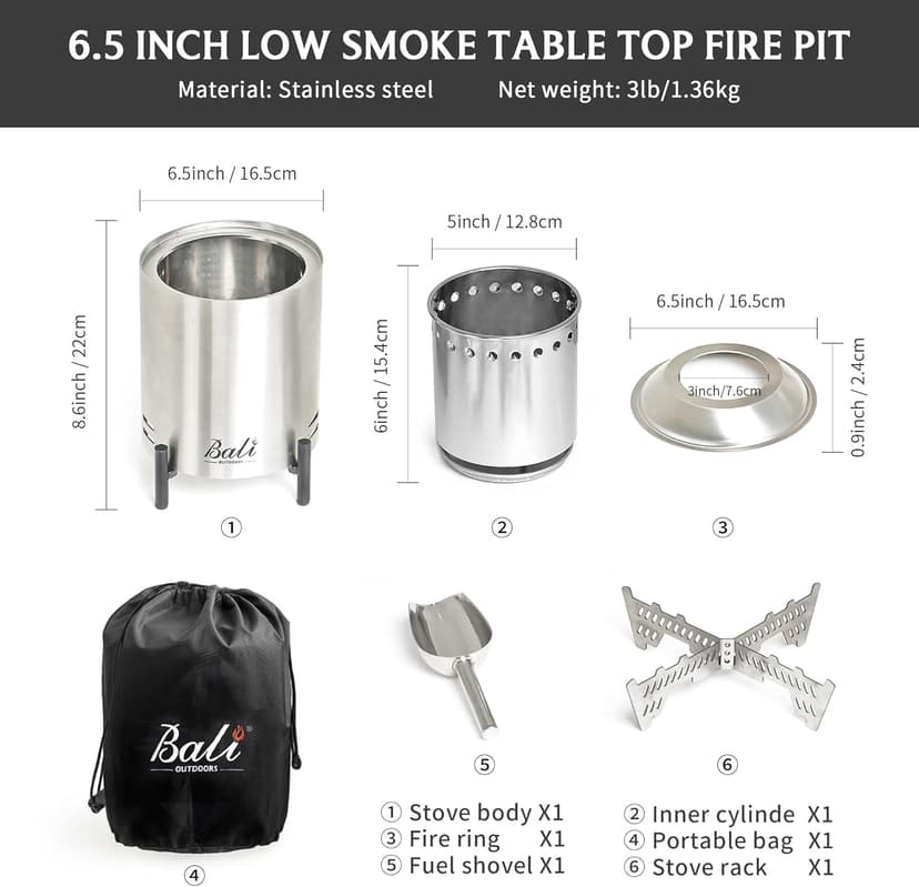 BALI OUTDOORS 6.5 inch Tabletop Fire Pit Round, Stainless Steel Table Top Firepit Small, Outdoor Smokeless Firepit Portable