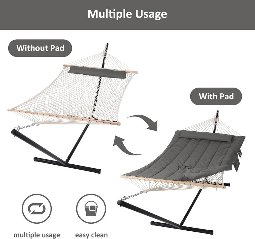 SUNCREAT Double Outdoor Hammock with Stand, Two Person Cotton Rope Hammock with Polyester Pad, Dark Gray