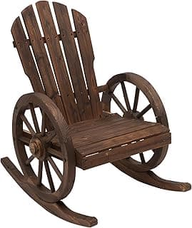 Outsunny Wooden Rocking Chair, Adirondack Rocker Chair w/Slatted Design and Oversized Back, Outdoor Rocking Chair with Wagon Wheel Armrest for Porch, Poolside, and Garden, Carbonized