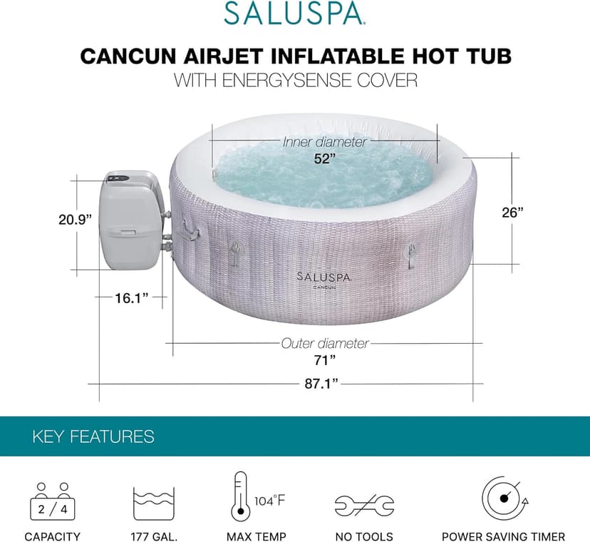 Bestway SaluSpa Cancun 71" x 26" Inflatable Hot Tub Round Portable Outdoor Spa with 120 AirJets and EnergySense Energy Saving Cover, Grey