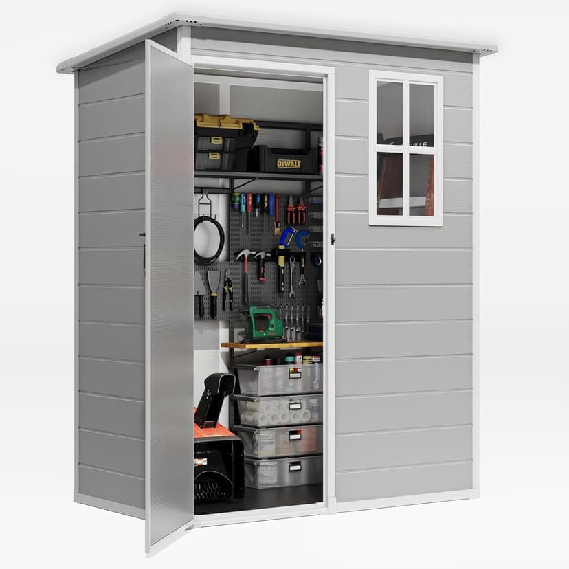 Gizoon 5X3 FT Resin Outdoor Storage Shed, Plastic Garden Sheds with Floor to Store Patio Furniture, Gardening Tools, Outside Patio Storage House with Lockable Door for Backyard, Lawn, Grey