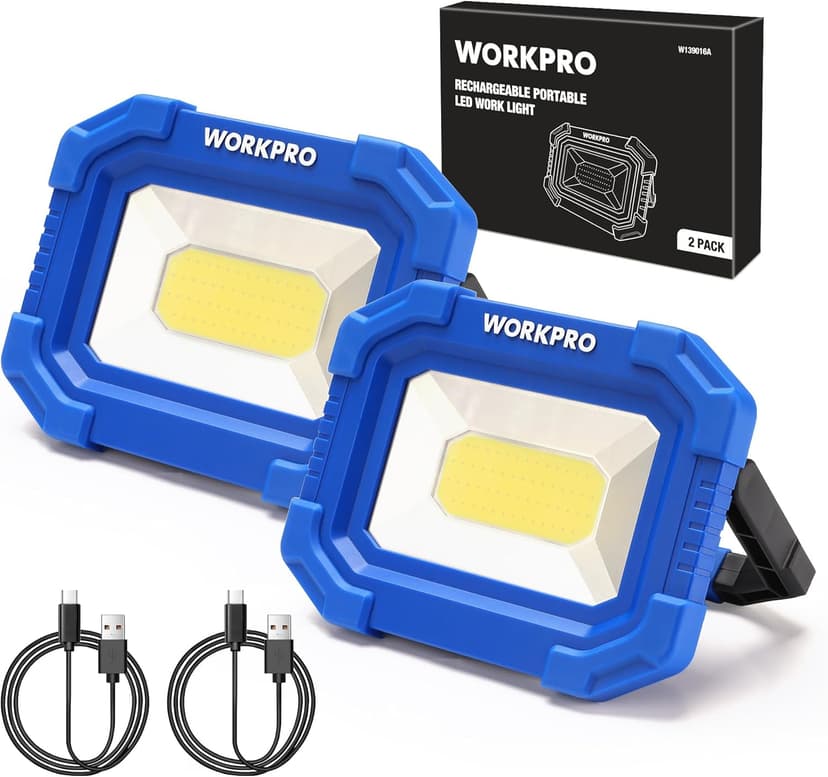 WORKPRO LED Work Light, Rechargeable Magnetic Work Lights with Stand, Portable, Waterproof, 2000LM COB Flood Light for Camping, Fishing, Car Repair, Job Site Lighting, Hiking, 4 Modes, 2 Pack