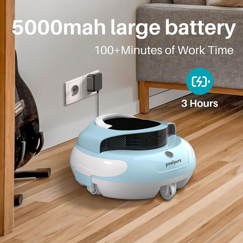 PoolPure Aquaguard SE II Cordless Robotic Pool Cleaner with 5000mah Big Battery, Extend Service Life. Ideal Pool Vacuum Robot for Above-Ground Pool (Blue)