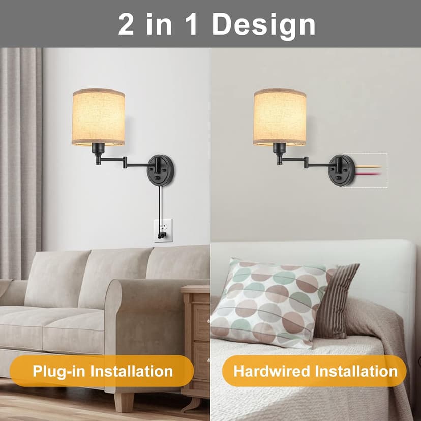 ENCOMLI Dimmable Plug in Wall Sconces, Swing Arm Wall Lamp, Wall Sconces Set of Two, Plug in Wall Light, Sconces Wall Decor Set of 2, Linen Fabric Shade, 2pcs Bulbs Included