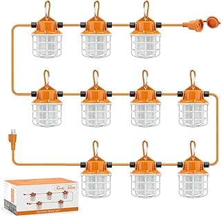 NS 100FT Construction String Lights 150W LED Industrial Grade 15000LM Super Bright for Construction Sites, Temporary Work, Renovation, Jobsite,and All Outdoor Lighting, with 10 Bulbs and Climbing Hook