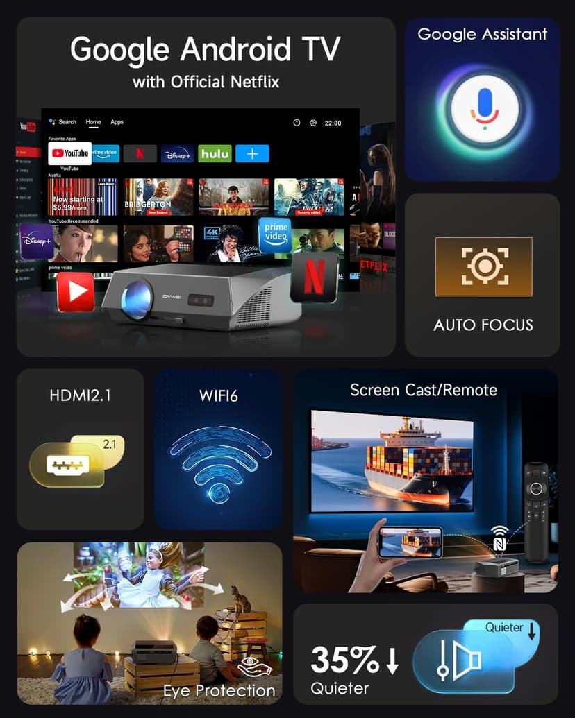 4K Projector HDR Netflix Certified, 1800ANSI Daylight Use, Dolby Audio, NFC, Smart TOF Autofocus, Shorter Throw, WiFi 6, Bluetooth 5.4, HDMI ARC, Proyector 4K Ultra HD Movie Gaming TV High Brightness