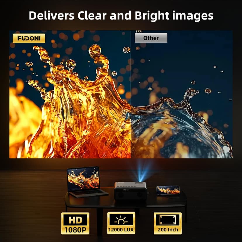 FUDONI Projector with WiFi and Bluetooth 4K Supported, Upgraded Outdoor Movie Projectors Native 1080P FHD 12000L, Video Proyector for Home Theater, Compatible w/HDMI/USB/iOS/Android/Windows/TV Stick