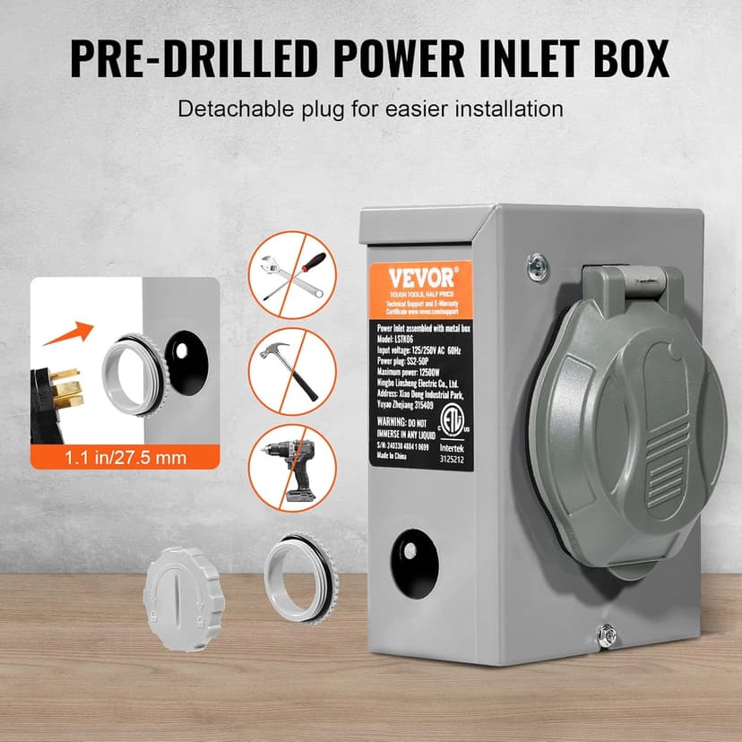 VEVOR 50 Amp Generator Cord and Power Inlet Box Kit, 25FT Generator Extension Cord NEMA 14-50P/SS2-50R STW 6/3+8/1 AWG with Twist Lock Connector, Pre-Drilled Inlet Box, ETL Listed
