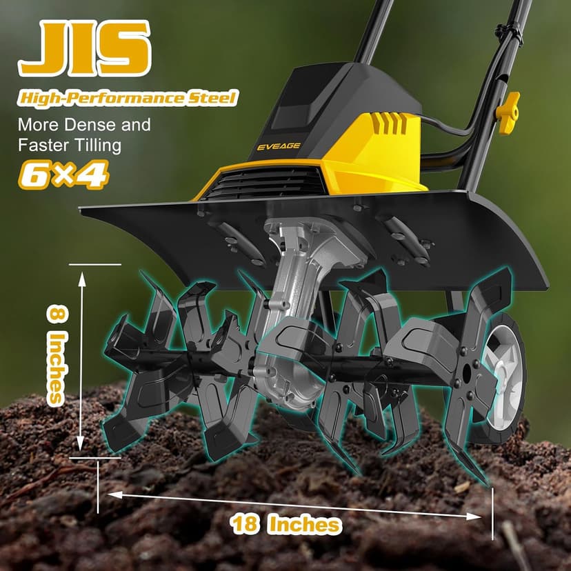 EVEAGE 18-Inch 13.5AMP Rototiller for Garden Corded Electric Tiller Machine 4'' - 8'' Farm Tilling Depth, Foldable Handle 6x4 Tines with Adjustable Wheels