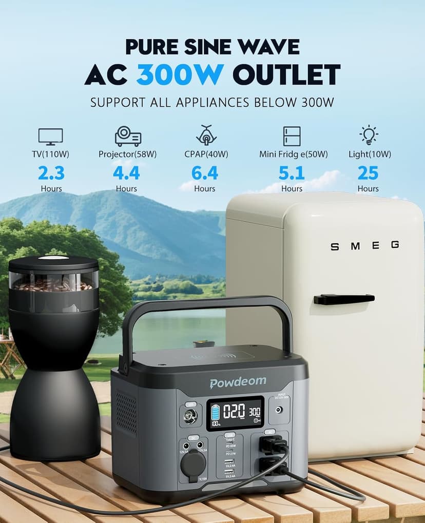 300W Portable Power Station, Powdeom 296Wh Power Bank with AC Outlet, Solar Generator Laptop Charger, Battery Backup Power Supply for Camping, Outdoors, Home Emergency Outage