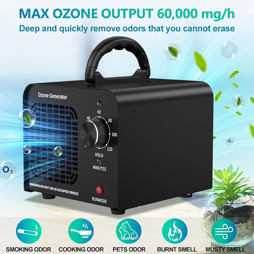 Ozone Generator 60000mg/h, High Capacity Ozone Machine, Odor Eliminator for Home, Car, Smoke, Pets, O3 Air Purifier Deodorizes 6,000 Square Feet (Black)