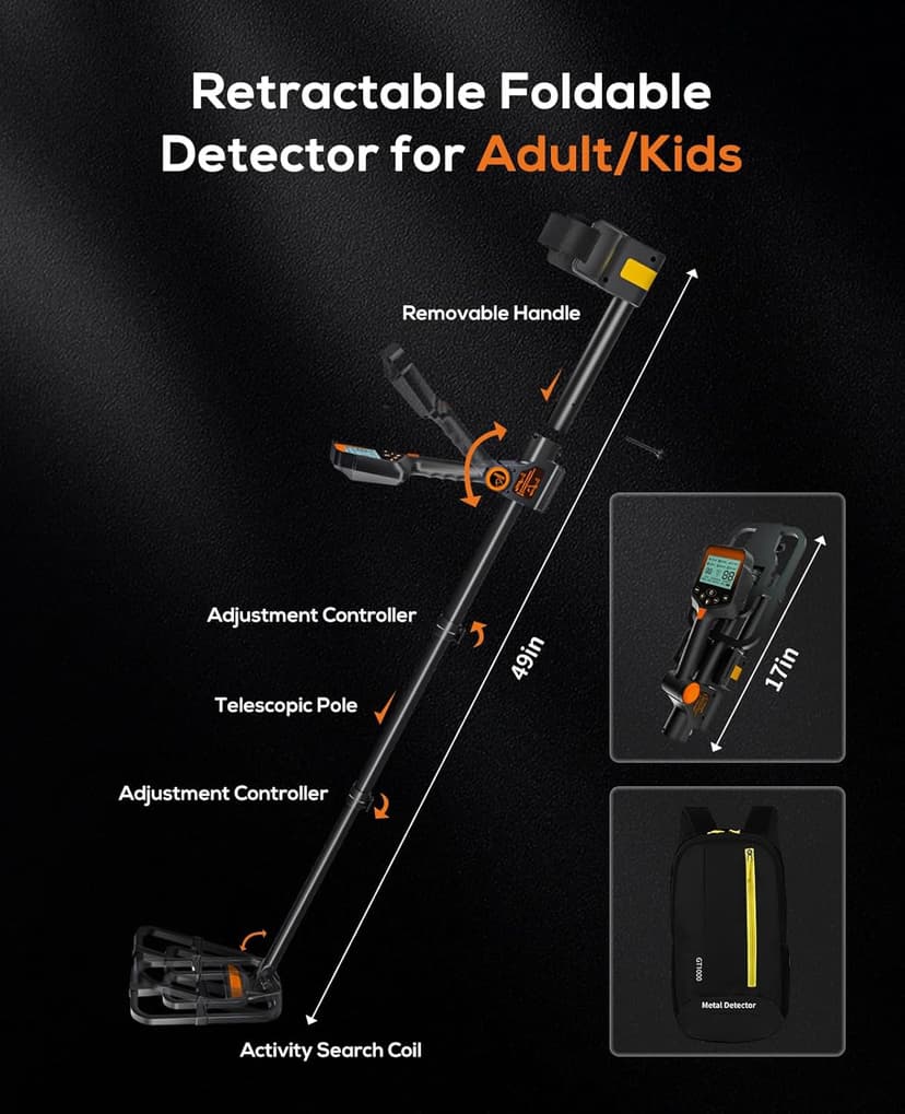 Metal Detector for Adults Waterproof - 2000mAh Chargeable Professional Cordless Gold Detector with LCD Display, Retractable Foldable Higher Accuracy Metal Detector with 10" IP68 Coil - Orange