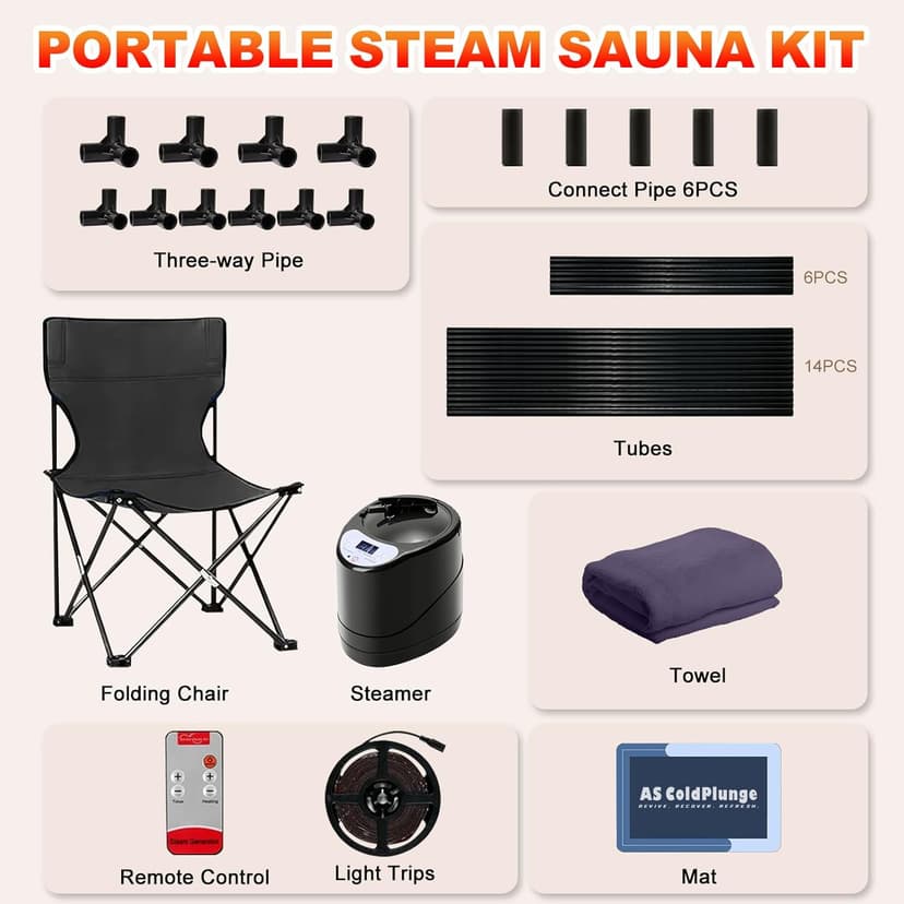 Portable Steam Sauna for Home, XL Sauna Tent with 3L 1200W Steamer & Red Light, Foldable Chair & Mat, Indoor Personal Spa for Relaxation, Detox & Recovery