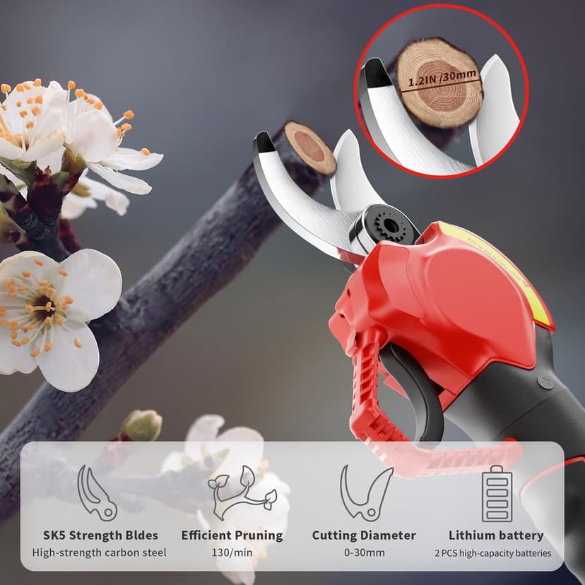 Electric Pruning Shears Professional Cordless Electric Pruning Battery Powered, Tree Branch Pruner with 2 PCS Rechargeable 2 Ah Lithium Battery - 30mm (1.2inch) Cutting Diameter