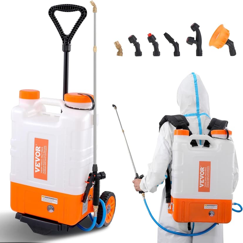 VEVOR 4 Gallon Battery Powered Backpack Sprayer with Wheeled Cart, Adjustable 0-94 PSI, 13FT Hose, 6 Nozzles, 2 Wands Included, Wide Mouth Lid for Weeding, Cleaning, Long Spray Time, White+Orange