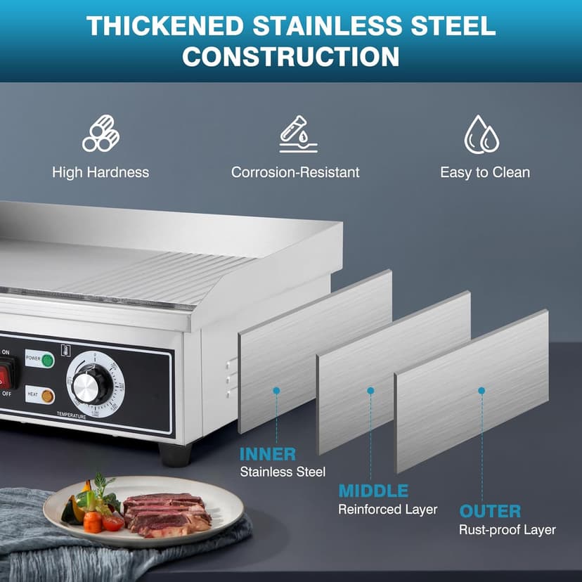 IRONWALLS Electric Griddle Nonstick 22 Inch, 1600W Stainless Steel Commercial Griddle for Indoor & Outdoor, 2-IN-1 Half Flat Top Griddle Grill for Restaurant & Home, 122℉-572℉ Adjustable Temperature