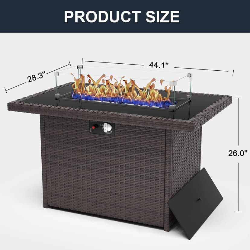 44 Inch Propane Gas Fire Pits Table for Outside Patio, 60000 BTU Rectangular Outdoor Wicker Rattan Fire Pit with Glass Wind Guard