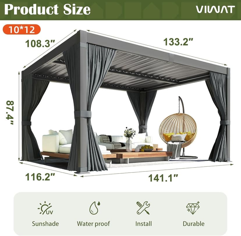Aluminum 10x12 FT Louvered Pergola, Outdoor Pergola with Adjustable Louvered Roof Outdoor Patio Shade Cover, Waterproof & Rustproof Aluminum Gazebo for Backyard and Garden, Gray