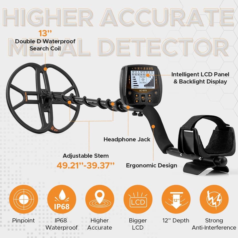 13" Metal Detector for Adults Professional, Double-D Waterproof Search Coil Gold Finder with Pinpoint, High Sensitivity DISC Mode, LCD Backlight Display Gold Detector