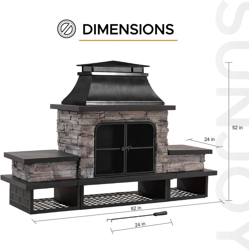 Sunjoy Outdoor Fireplace, Patio Wood Burning Fireplace with Steel Chimney, Mesh Spark Screen Doors, Fire Poker, and Removable Grate, Black