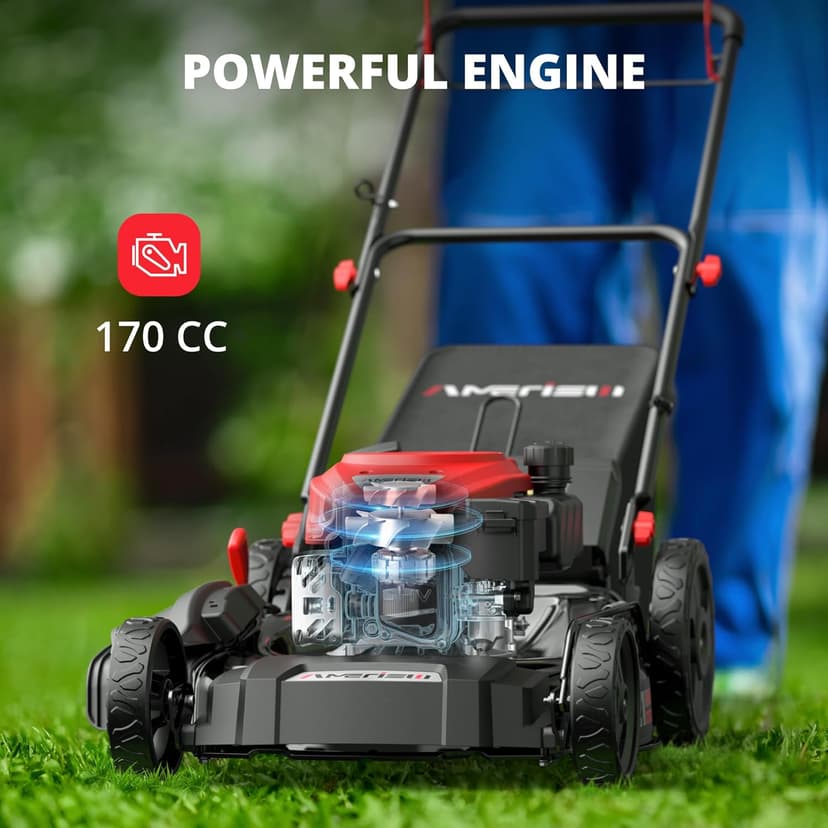 AV8621S1 Gas Lawn Mower, 170cc OHV Engine with Forced Air-Cooling, Self-Propelled, 21" Steel Deck, 3-in-1 System, 6 Cutting Heights, Foldable Handle for Easy Storage
