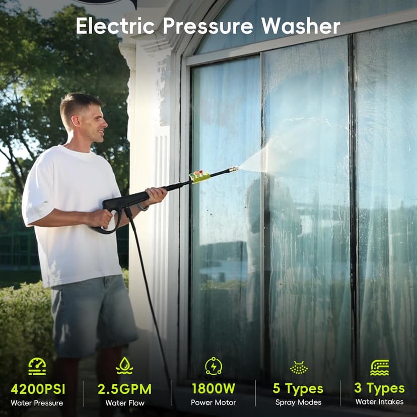 Electric Pressure Washer - 4200 Max PSI 2.5 GPM Power Washer with 4 Quick Connect Nozzles, Foam Cannon, 1800-Watt High Pressure Washer for Cars, Decks, Driveways, Home, Patios