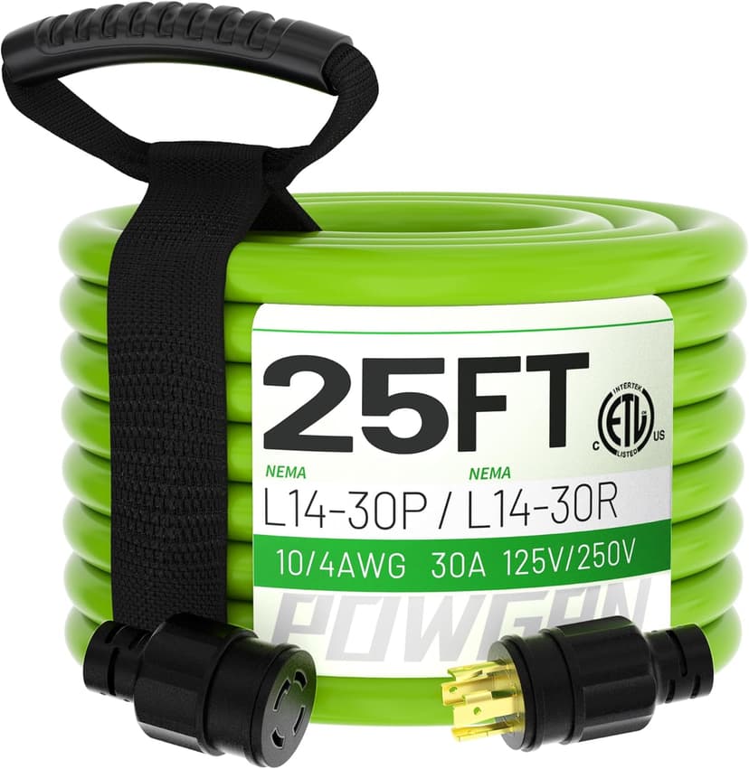 25Feet 30 Amp Generator Extension Cord 4 Prong,Heavy Duty NEMA L14-30P/L14-30R,125/250V 7500W,Green 10 Gauge STW Twist Locking Generator to House Power Cords with Cord Organizer,ETL Listed