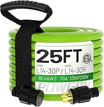 25Feet 30 Amp Generator Extension Cord 4 Prong,Heavy Duty NEMA L14-30P/L14-30R,125/250V 7500W,Green 10 Gauge STW Twist Locking Generator to House Power Cords with Cord Organizer,ETL Listed