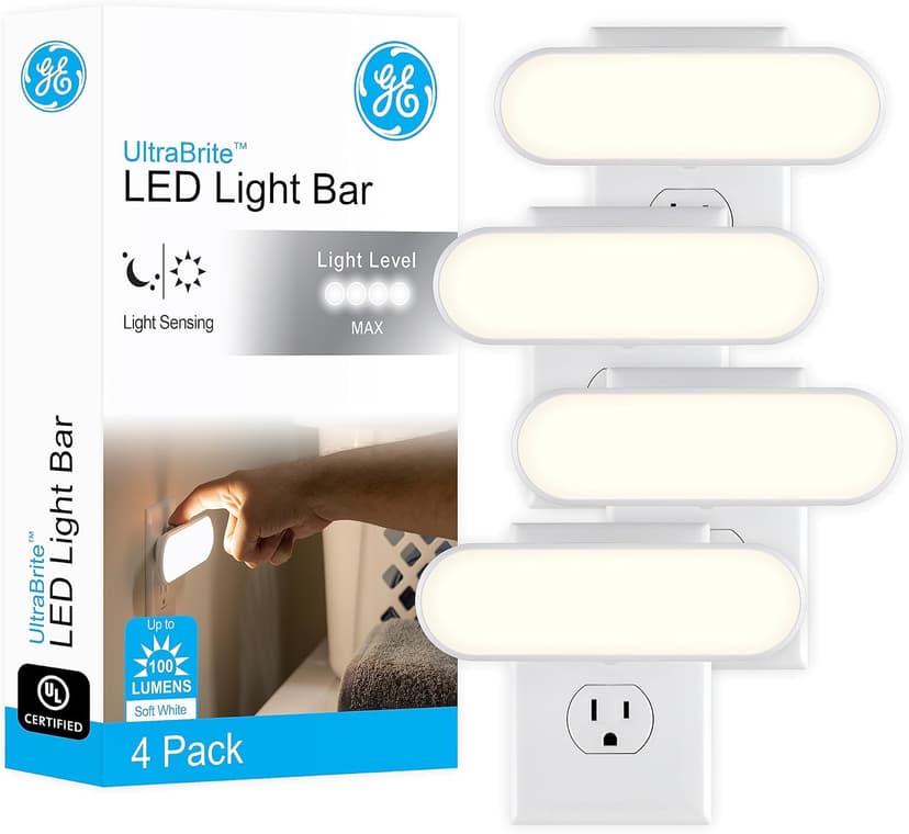 GE Ultrabrite LED Light Bar Night Light, 100 Lumens, 4 Pack, Dusk-to-Dawn Sensor, Auto/On/Off Switch, Plug-in, Ideal for Dark Spaces, Bedroom, Bathroom, Kitchen, Hallway, Garage, White, 62459
