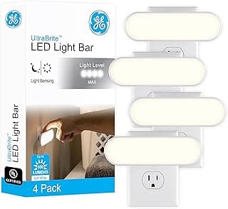 GE Ultrabrite LED Light Bar Night Light, 100 Lumens, 4 Pack, Dusk-to-Dawn Sensor, Auto/On/Off Switch, Plug-in, Ideal for Dark Spaces, Bedroom, Bathroom, Kitchen, Hallway, Garage, White, 62459