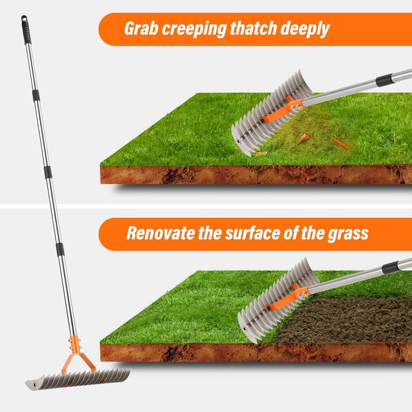 62" Adjustable Thatch Rake - 19-Tine Lawn Dethatcher with Nickel Steel Tines, Heavy Duty Ergonomic Handle for Spring Lawn Care, Soil Aeration & Yard Cleanup&Turf Renovation (Silver)
