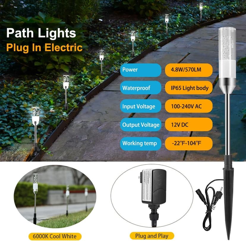 Pathway Lights Outdoor,12V Low Voltage Landscape Lighting, 6 Pack 570 Lumen Bright LED Path Lights, IP65 Waterproof Extendable Garden Lights for Yard Walkway Patio Lawn, 6000K