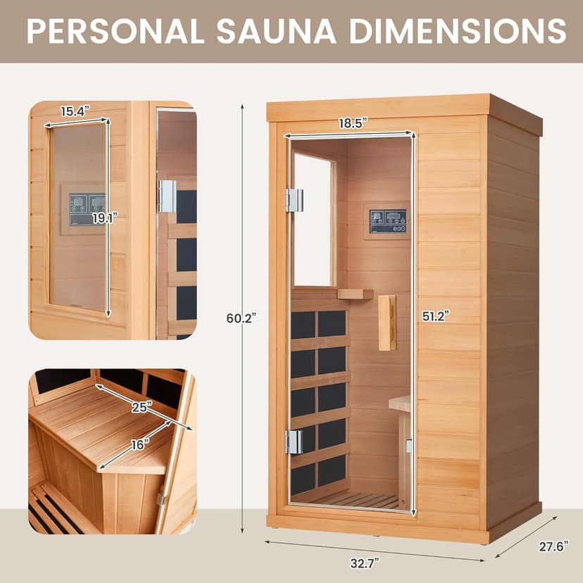 1 Person Infrared Sauna, Full Spectrum Mini Sauna for Home, Indoor Dry Sauna with 4 Heater Panels, Bluetooth Speaker, Tempered Glass Door, Compact and Easy to Use, 110V