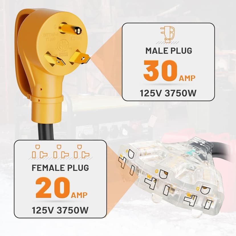 MECMO 30 Amp to 20 Amp 110V RV Distribution Adapter NEMA TT-30P Male to 3X 5-15R/5-20R, 30 Amp to Triple 15 Amp / 20 Amp 3-Prong to Multiple Household Outlet RV Generator Distribution Cord ETL Listed