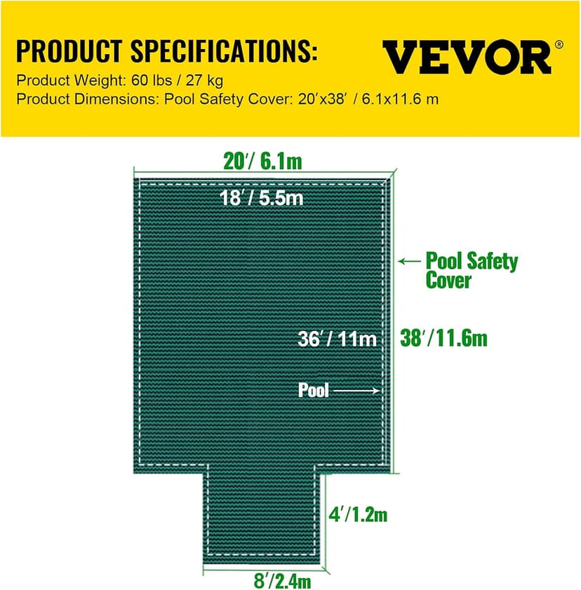 VEVOR Inground Pool Safety Cover 18' x 36' Rectangle with 4x8ft Center End Step, Safety Pool Covers Green Mesh, 15-Year Warranty, Triple Stitched, MAX Strength Winter Safety Cover for Children & Pets
