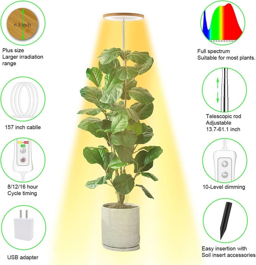 Plant Grow Light,yadoker LED Growing Light Full Spectrum for Indoor Plants,Height Adjustable, Automatic Timer, 5V Low Safe Voltage,Idea for Large Plant Light