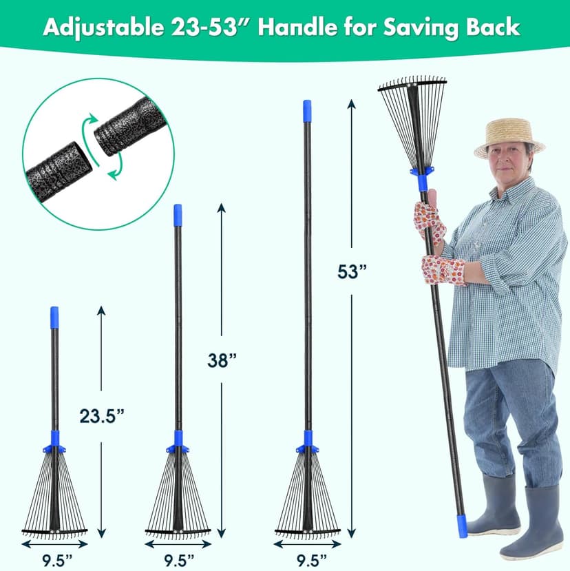 Garden Rake, Leaf Rake with Expandable Head from 9.5 inch to 17 inch, Collapsible Lawn Rakes with 53 Inch Adjustable Handle, Heavy Duty Metal Rakes for Lawn Yard, Flower Beds