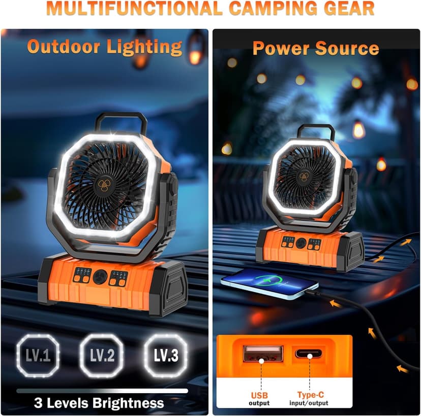 Camping Fan Rechargeable, 20000mAh Large Battery Powered Fan, 4Speed Rechargeable Fan Portable with Remote, Battery Operated Fans with LED Light and Hanging Hook, Cordless Fans for Tent Picnic Outdoor